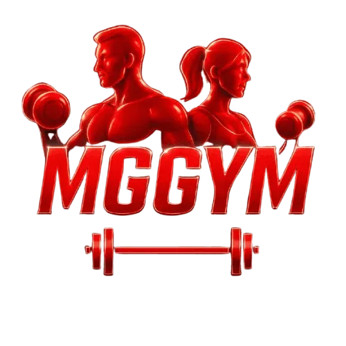MG Gym logo with vivid red colors portraing a woman and a man working out